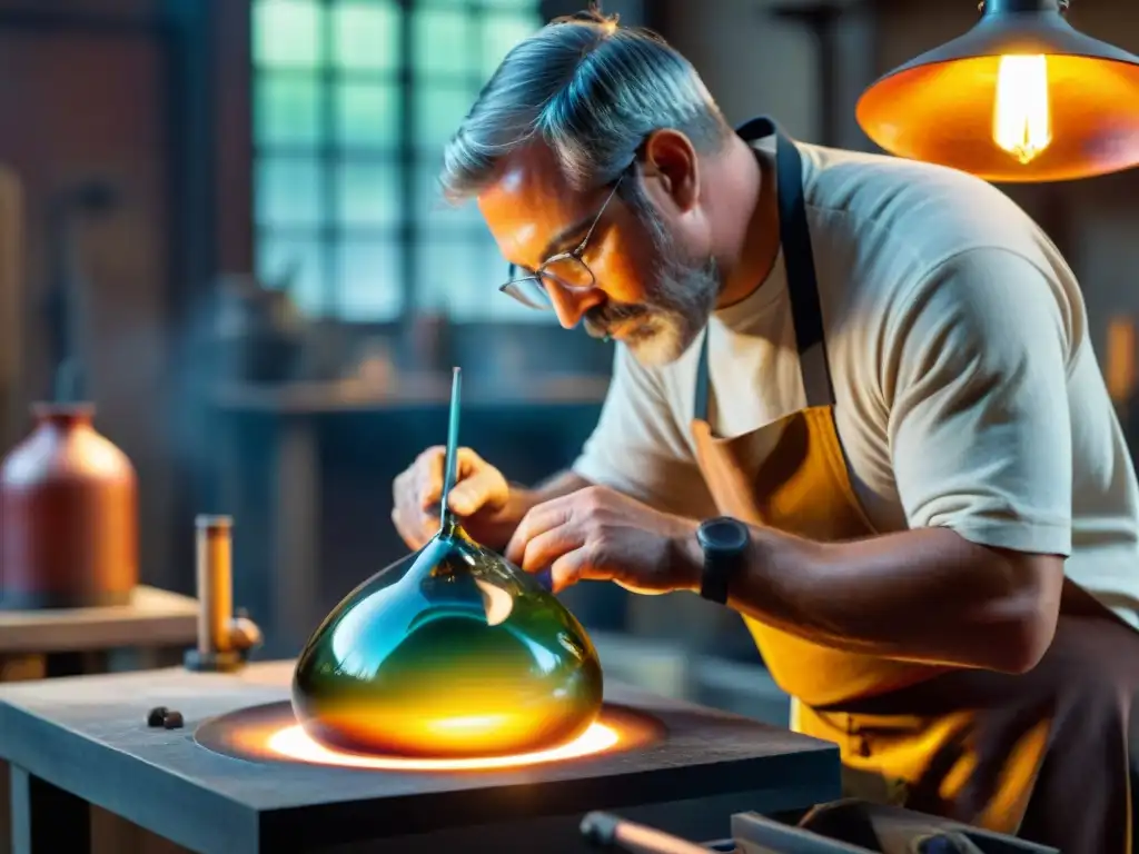 Un artista hábil moldea con precisión una escultura de vidrio, destacando las técnicas de exhibición de vidrio en un taller luminoso