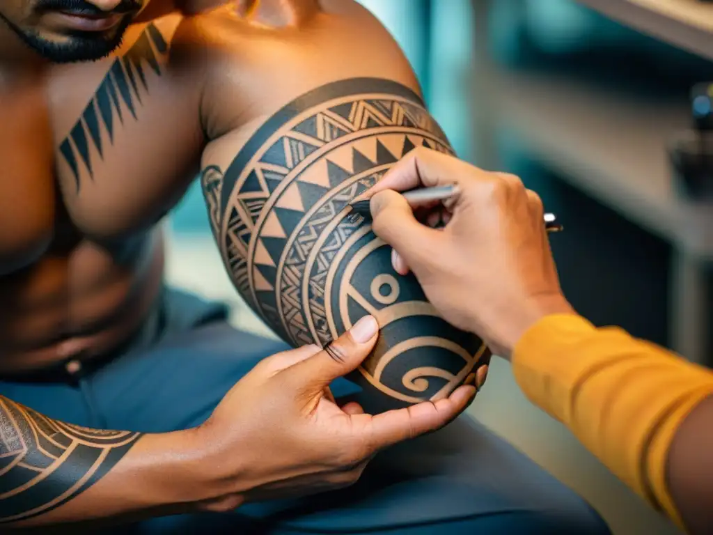 Un artista polinesio tatuando un diseño tradicional con gran detalle