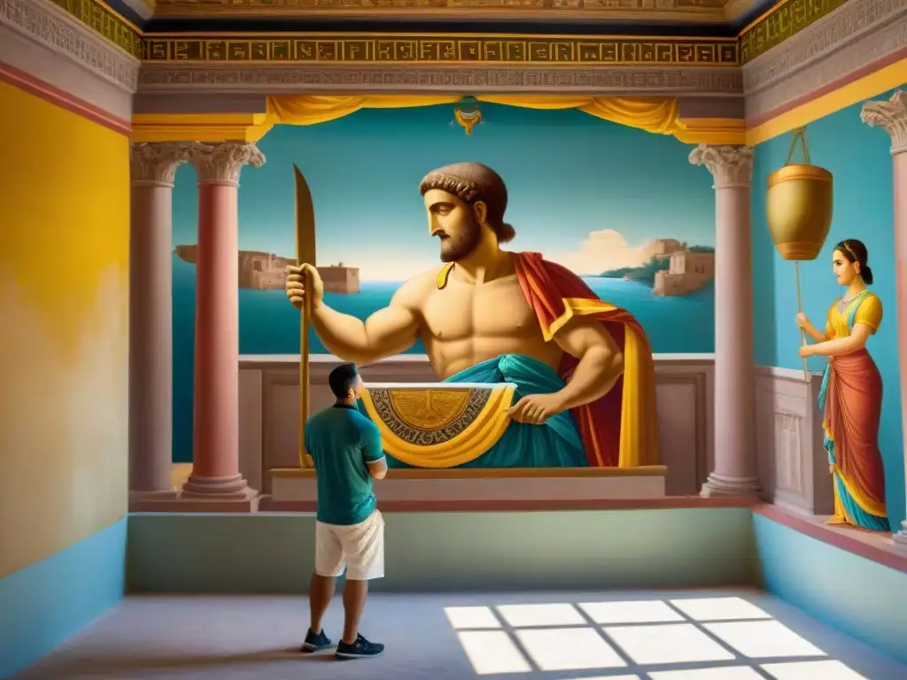 Un artista romano pintando murales en una villa de Pompeya, recreando la vida en la antigua Roma con detalle