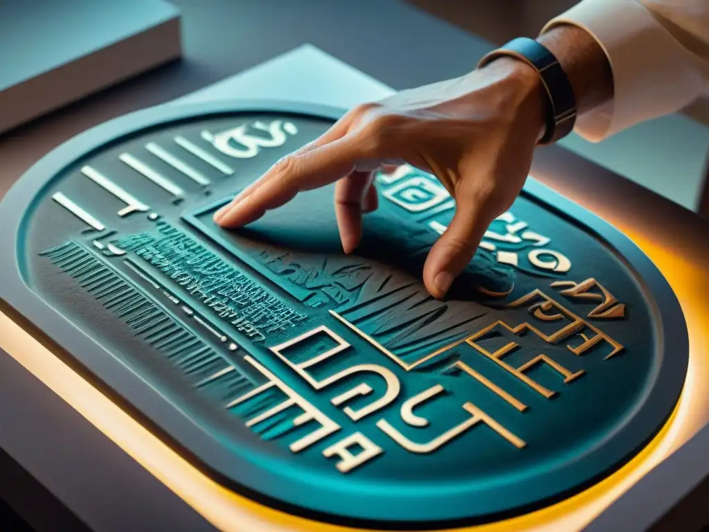 Escultura cuneiforme: fusionando lo antiguo con lo moderno Un artista de tipografía fusiona influencia escritura cuneiforme en arte tipográfico moderno, grabando con intensidad en placa de metal