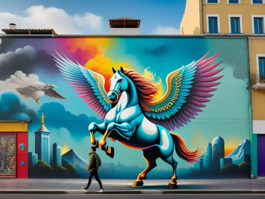 Artista urbano pintando mural de Pegaso en la ciudad, inspirado en la mitología griega