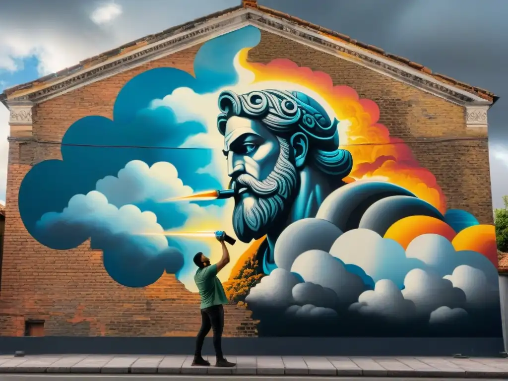 Artista urbano crea mural de Zeus con vibrantes colores y detalles, entre latas de spray