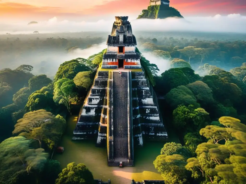 Ascenso espiritual entre ruinas mayas al amanecer en Tikal, con misterio y reverencia