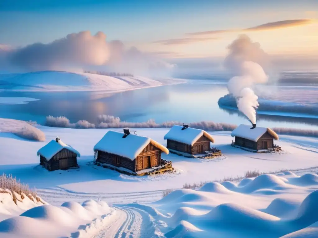 Asentamientos eslavos en extremo norte: paisaje nevado con cabañas de madera, río helado y cielo azul