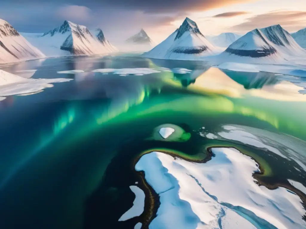 Asentamientos eslavos en paisaje ártico remoto, casas de madera bajo nieve, río congelado y auroras boreales