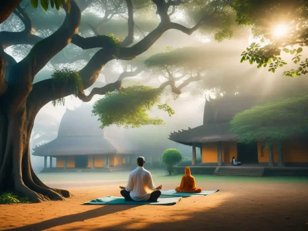 Ashram en la India para meditar: Grupo en meditación matutina bajo un árbol sagrado, envueltos en neblina al amanecer