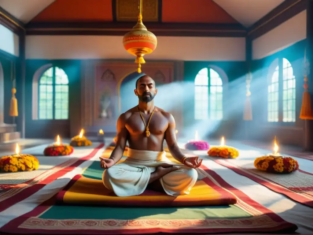 Ashram en India para meditar: Interior sereno con luz solar, meditadores en poses tradicionales y decoración espiritual