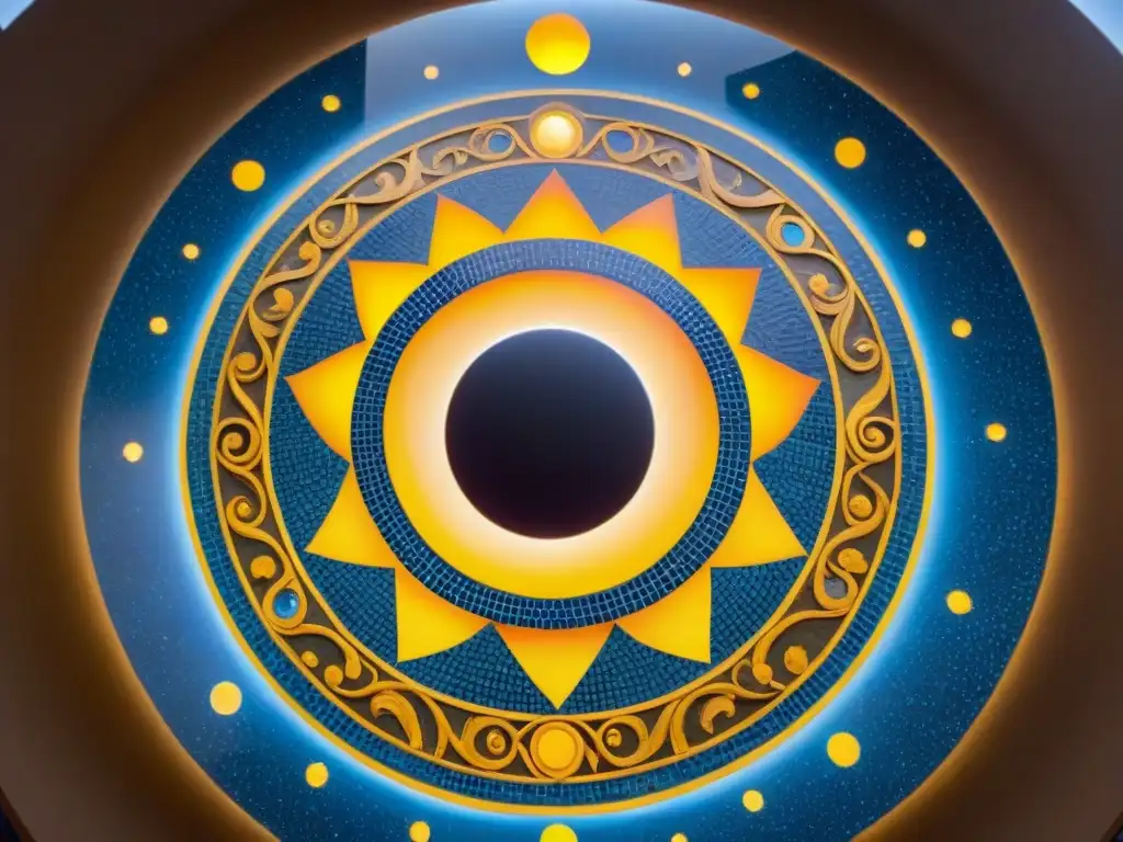 Asombro ante un eclipse solar en mosaico antiguo: vibrantes colores y detallada artesanía reflejan la interpretación religiosa de eclipses antiguos