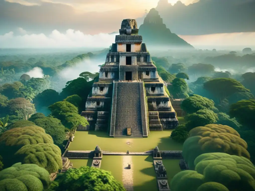 Recreación digital 8k de Tikal al atardecer: detalle maya Descubre la asombrosa influencia de civilizaciones antiguas en videojuegos con esta recreación detallada de la ciudad maya de Tikal al anochecer