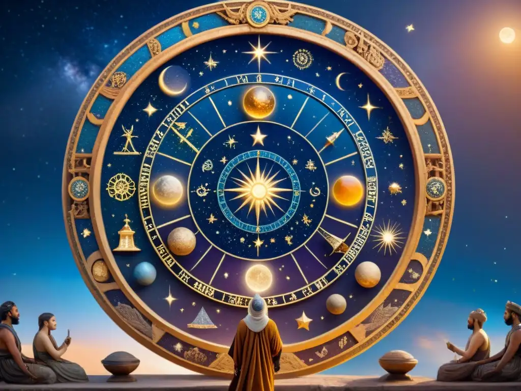 Astrología en civilizaciones antiguas: Astrologers observando el cielo estrellado con símbolos zodiacales