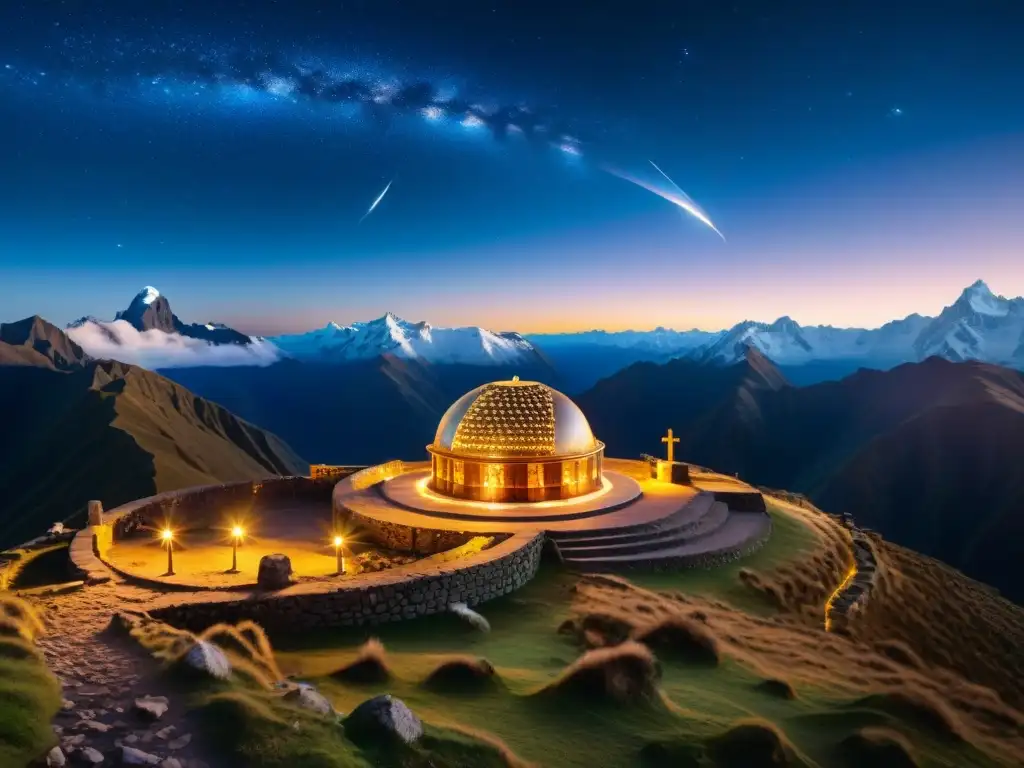 Ingeniería y astrología incas en los Andes: observatorio celestial inca entre montañas nevadas bajo un cielo estrellado