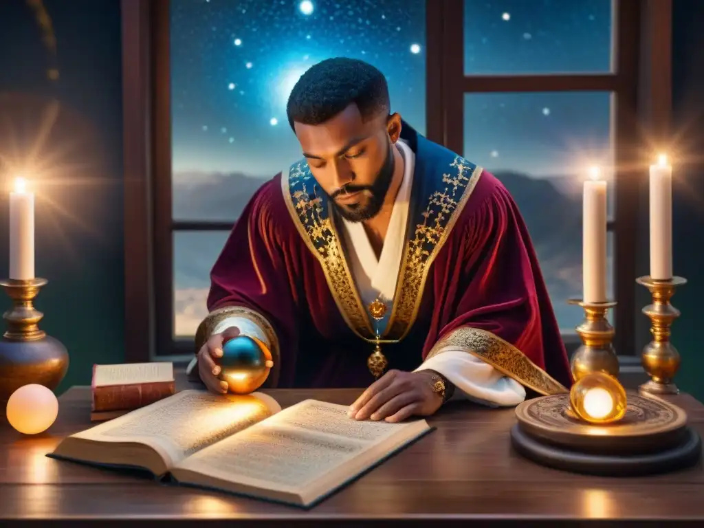 Un astrólogo examina detenidamente un mapa estelar en una habitación llena de misterio y sabiduría