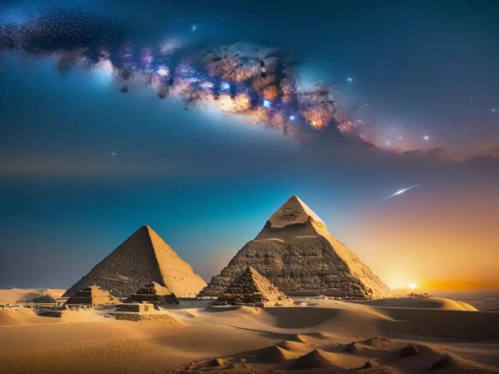 La Astronomía en el Antiguo Egipto: noche estrellada sobre las pirámides con la constelación de Orión brillando sobre la Gran Pirámide de Giza