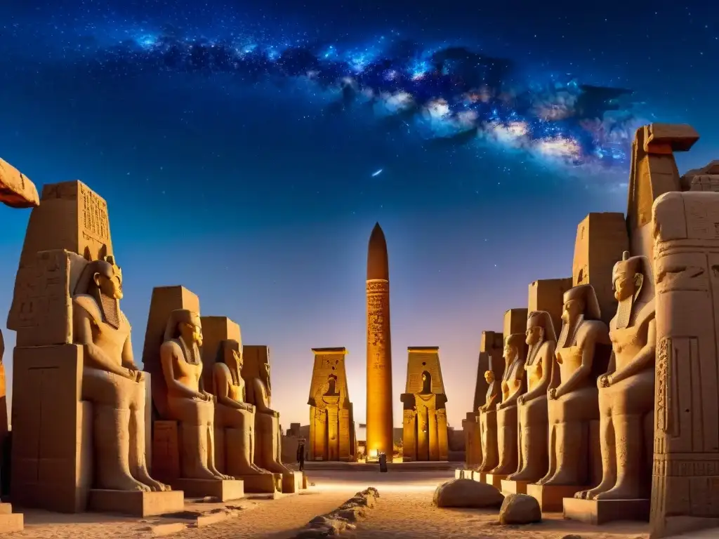 Astronomía en el Antiguo Egipto: Templo de Karnak iluminado por antorchas bajo el cielo estrellado, conectando con la majestuosidad cósmica