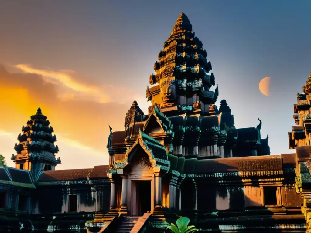 Conexión astronómica Angkor Wat: Detalles arquitectónicos iluminados por el cálido atardecer en la torre central