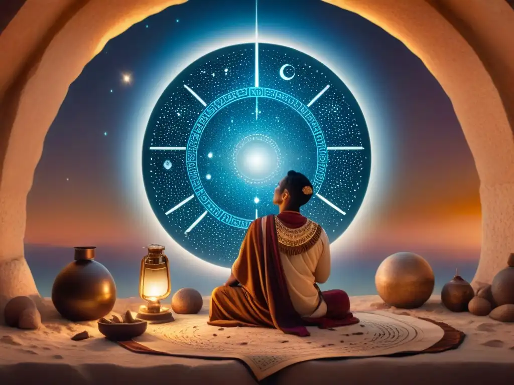 Un astrónomo maya estudia el cielo nocturno con mapas estelares, rodeado de objetos celestiales, en una escena de conexión cósmica