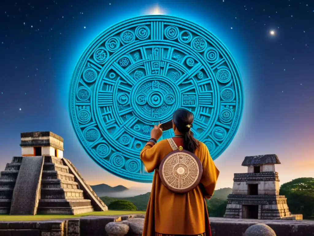 Un astrónomo maya estudia el cielo nocturno bajo la luna llena, señalando una constelación en un antiguo calendario Tzolk'in maya predicciones