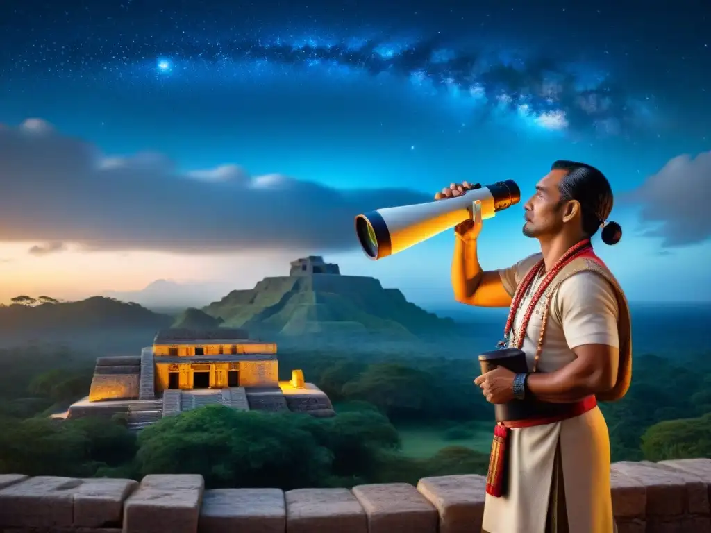 Un astrónomo maya estudia el cielo nocturno con un telescopio, rodeado de jeroglíficos