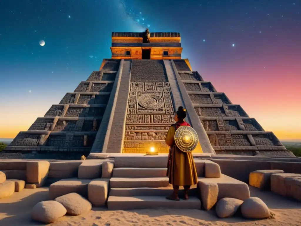 Astrónomo maya en la pirámide observando el cielo estrellado, rodeado de símbolos zodiacales