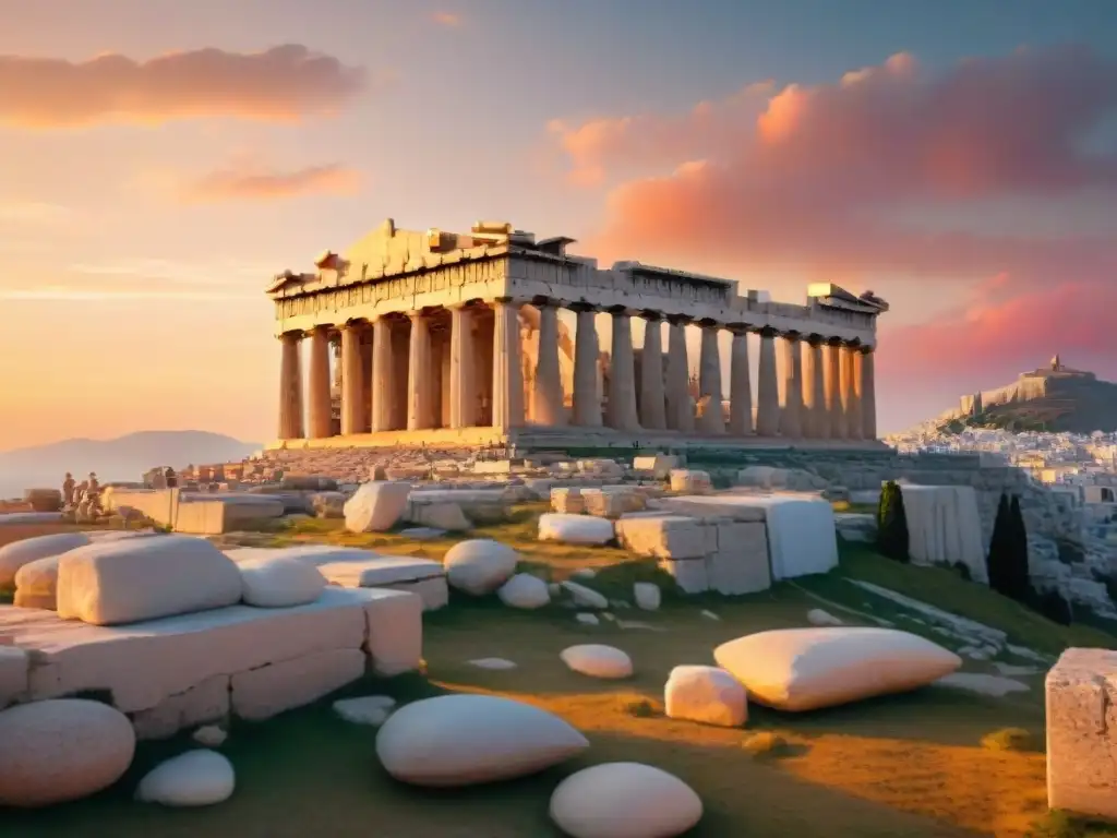Atardecer dorado en la Acrópolis de Atenas, revelando secretos de dioses en detalles intrincados