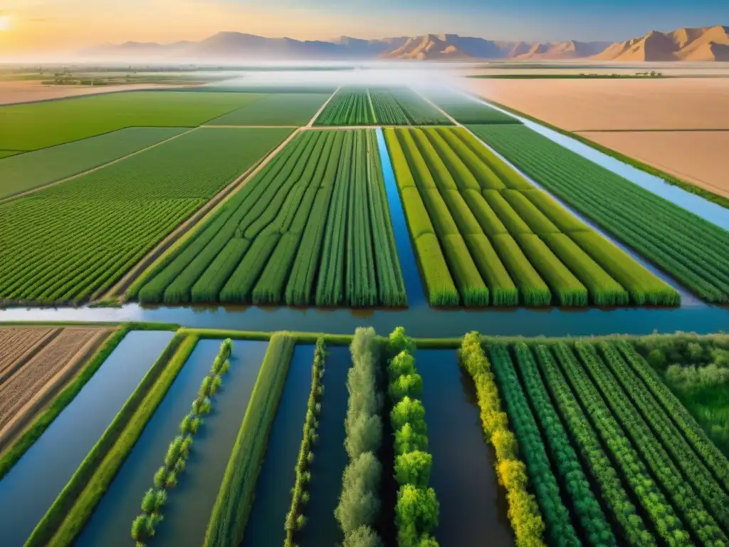 Un atardecer dorado ilumina los campos verdes de Mesopotamia, regados por intrincados sistemas de irrigación