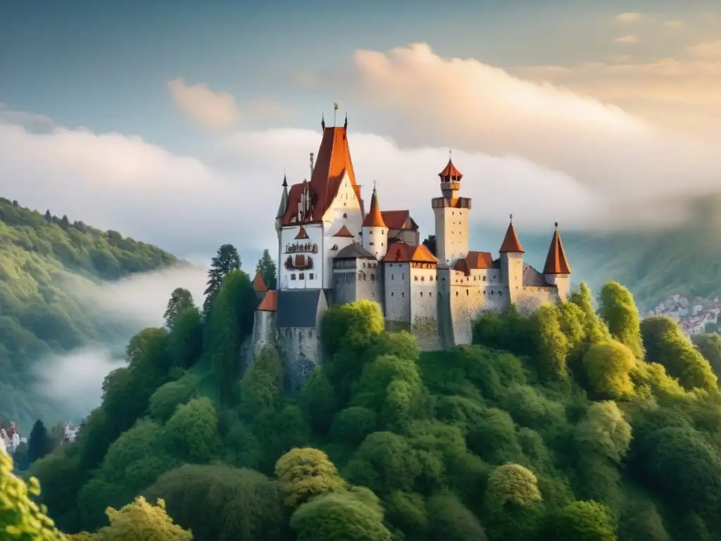 Un atardecer dorado ilumina el Castillo de Bran Drácula leyenda, entre bosques verdes