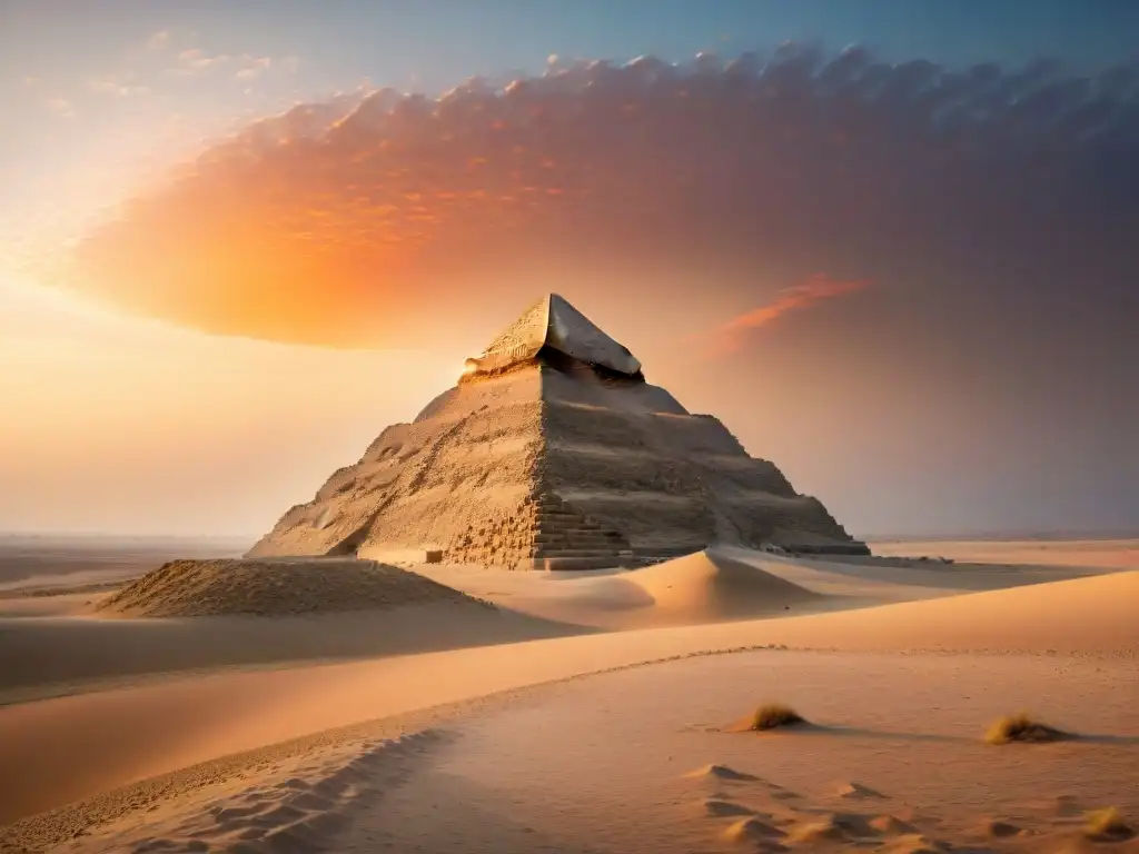 Atardecer dorado detrás de la Pirámide doblada de Dahshur, reflejos de luz y sombras misteriosas