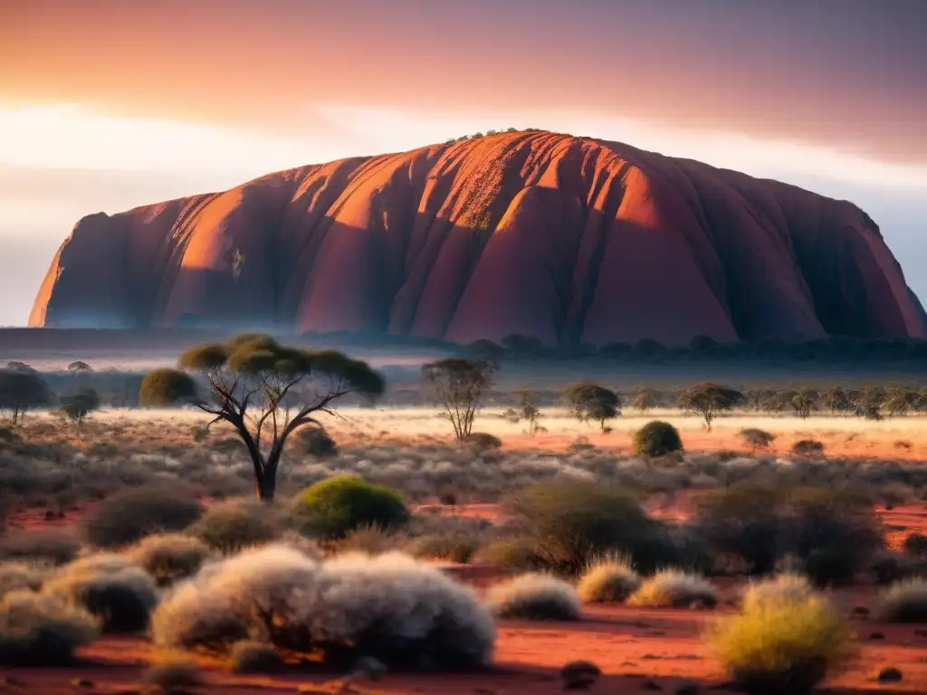 Un atardecer dorado detrás de Uluru, con un cielo naranja y rosa