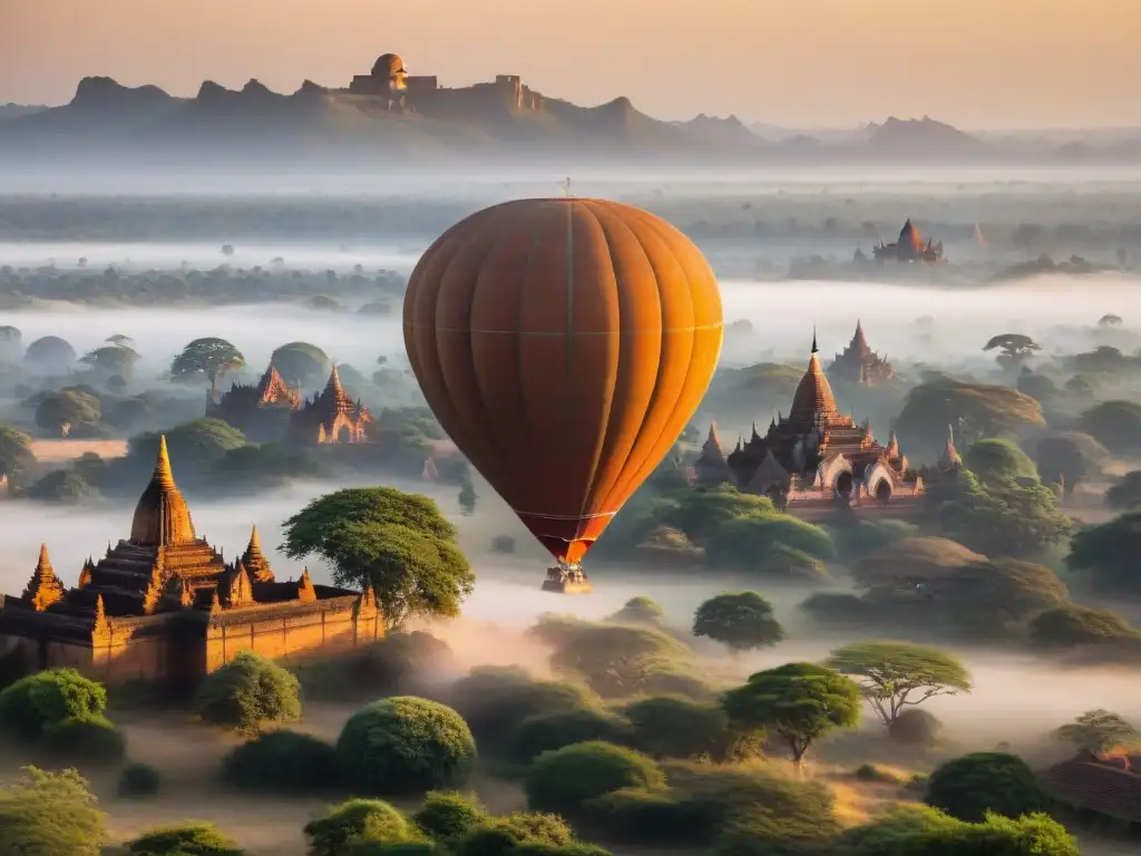 Atardecer dorado sobre las Pagodas de Bagan en Myanmar, un paisaje mágico y sereno con templos milenarios y globos aerostáticos a lo lejos