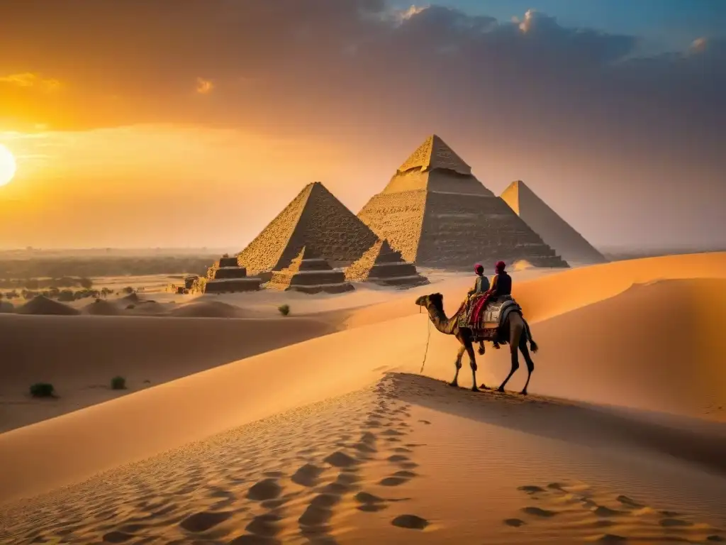 Un atardecer dorado en las Pirámides de Meroe misterios, con camellos y jinetes en la arena