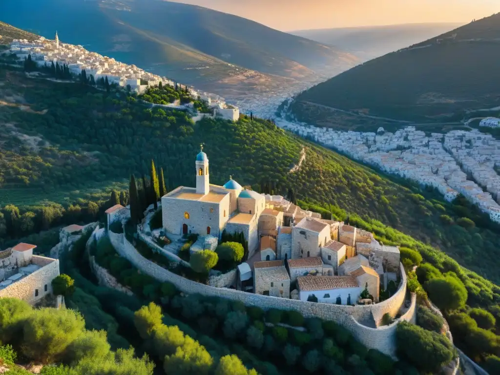 Atardecer dorado sobre Safed, ciudad mística de la Cábala entre montañas verdes