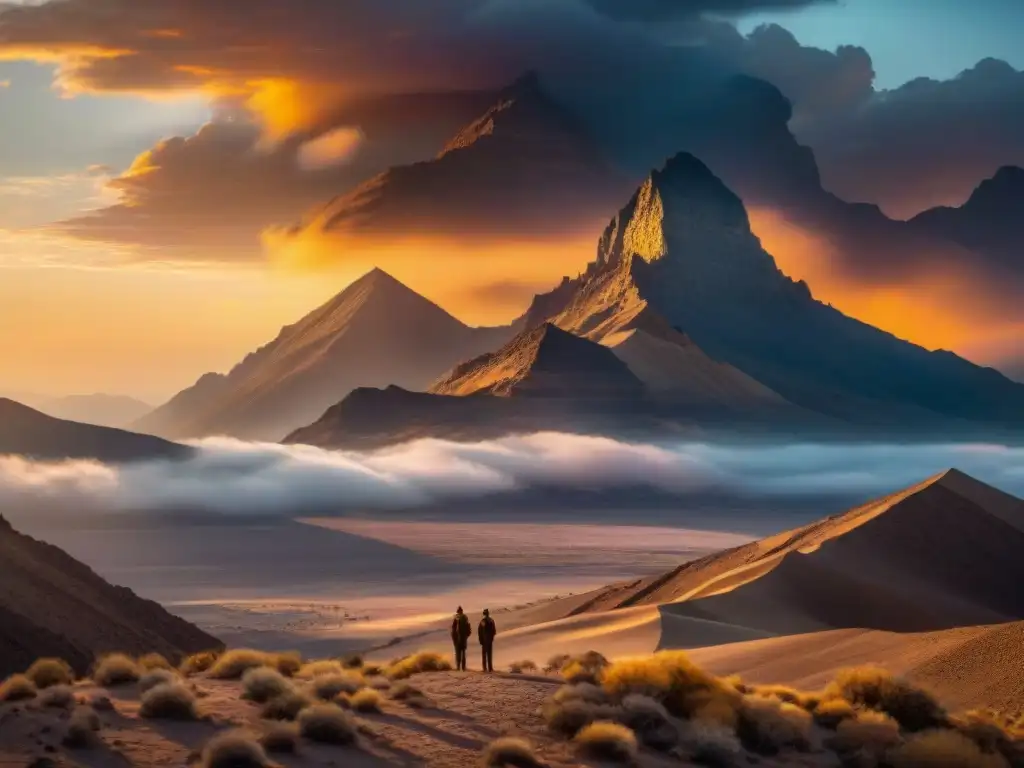 Un atardecer dramático en un vasto desierto, con montañas iluminadas y en sombra, simbolizando el dualismo zoroástrico bien mal significado