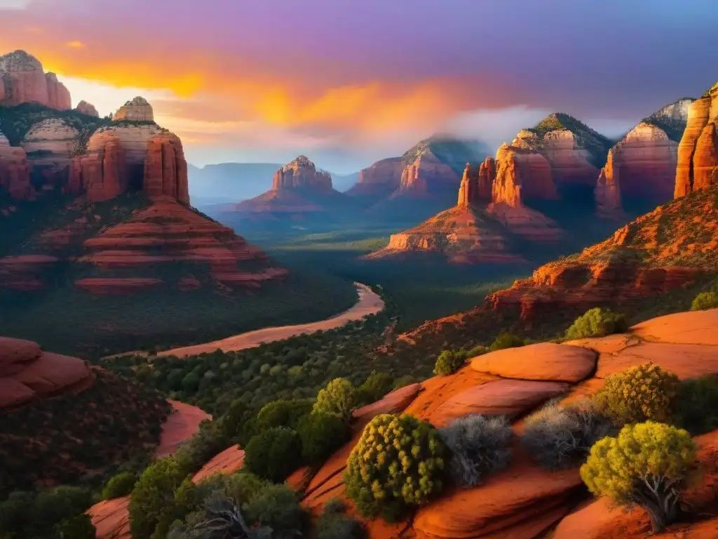 Un atardecer mágico ilumina las formaciones rocosas rojas de Sedona, revelando la belleza y secretos de la naturaleza