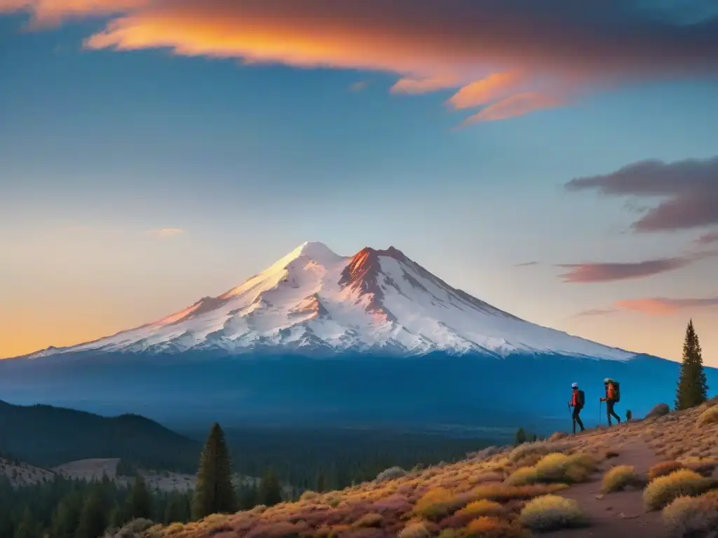 Un atardecer mágico en Monte Shasta vórtice energético, con su pico nevado brillando en tonos cálidos, mientras senderistas se acercan en silueta