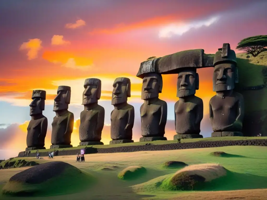 Un atardecer mágico en Rapa Nui con los secretos Moáis bajo un cielo naranja y rosa vibrante