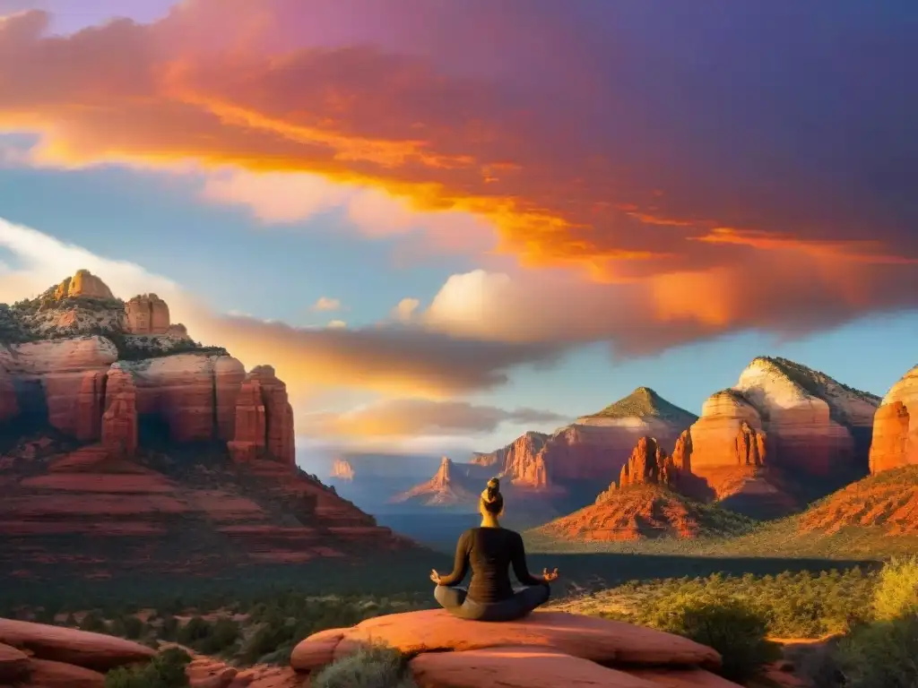 Un atardecer mágico en Sedona con vórtices energéticos iluminando la meditación en la naturaleza