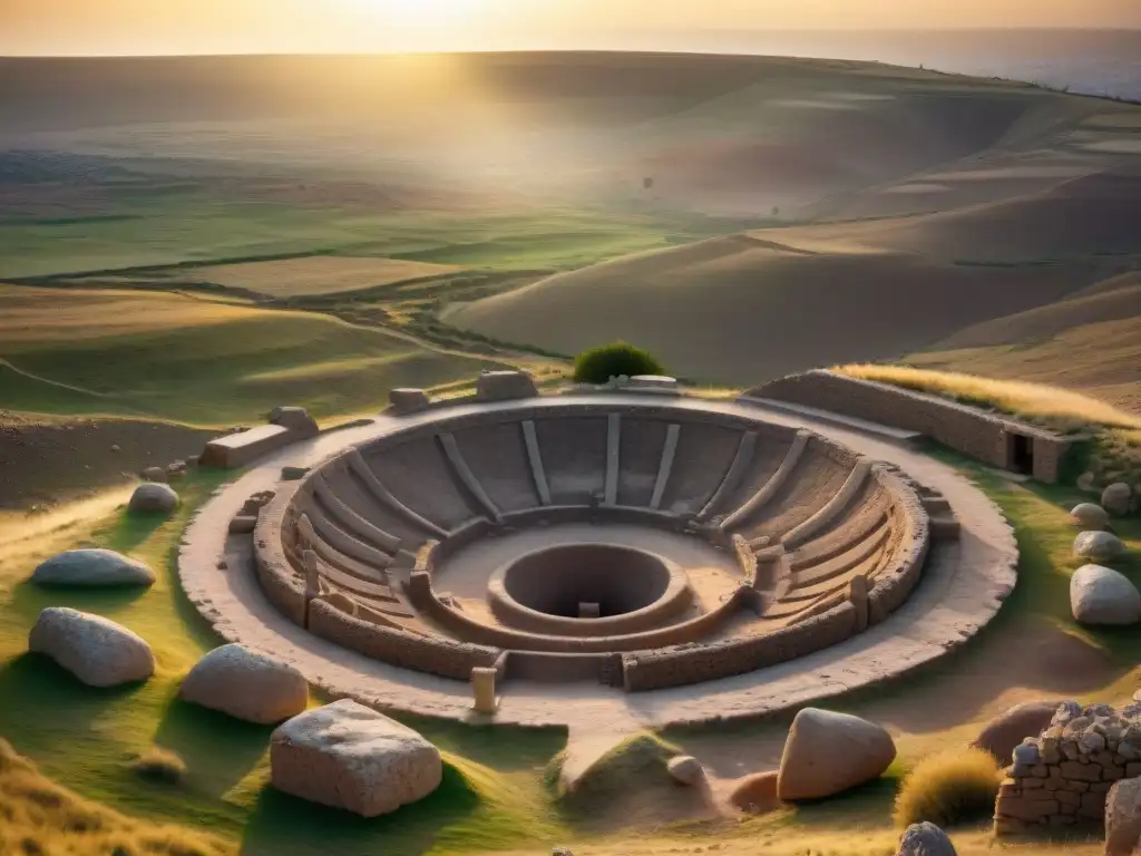 Un atardecer misterioso en Göbekli Tepe, mostrando pilares de piedra tallados