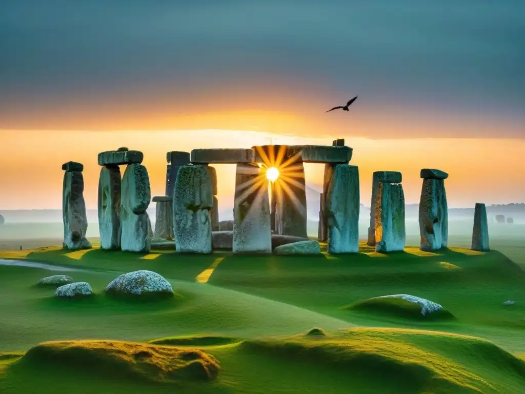 Atardecer místico en Stonehenge, con aves en el cielo crepuscular