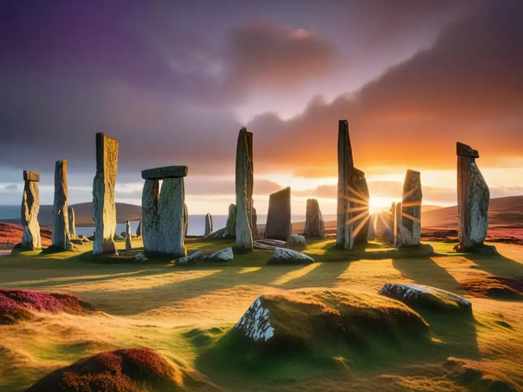 Atardecer místico en los Sitios Sagrados Celtas Druidas de Callanish en Escocia, con piedras ancestrales iluminadas por el sol