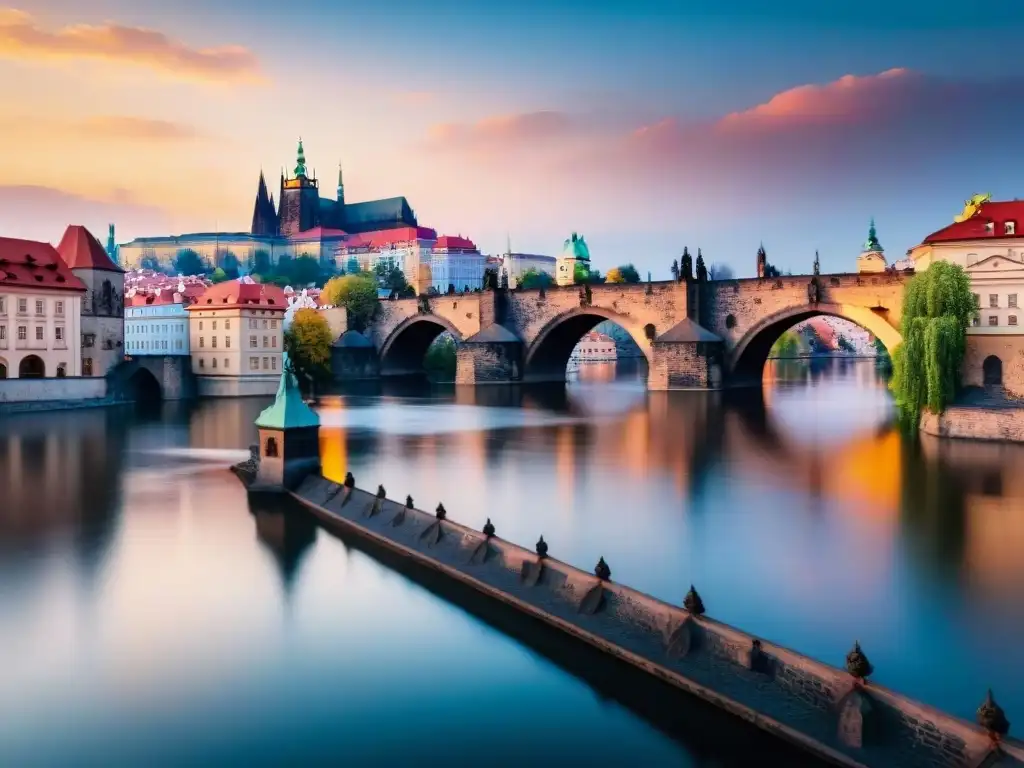 Un atardecer sereno sobre el río Moldava en Praga, con el Puente de Carlos al fondo, reflejando la herencia del Alfabeto cirílico y su legado