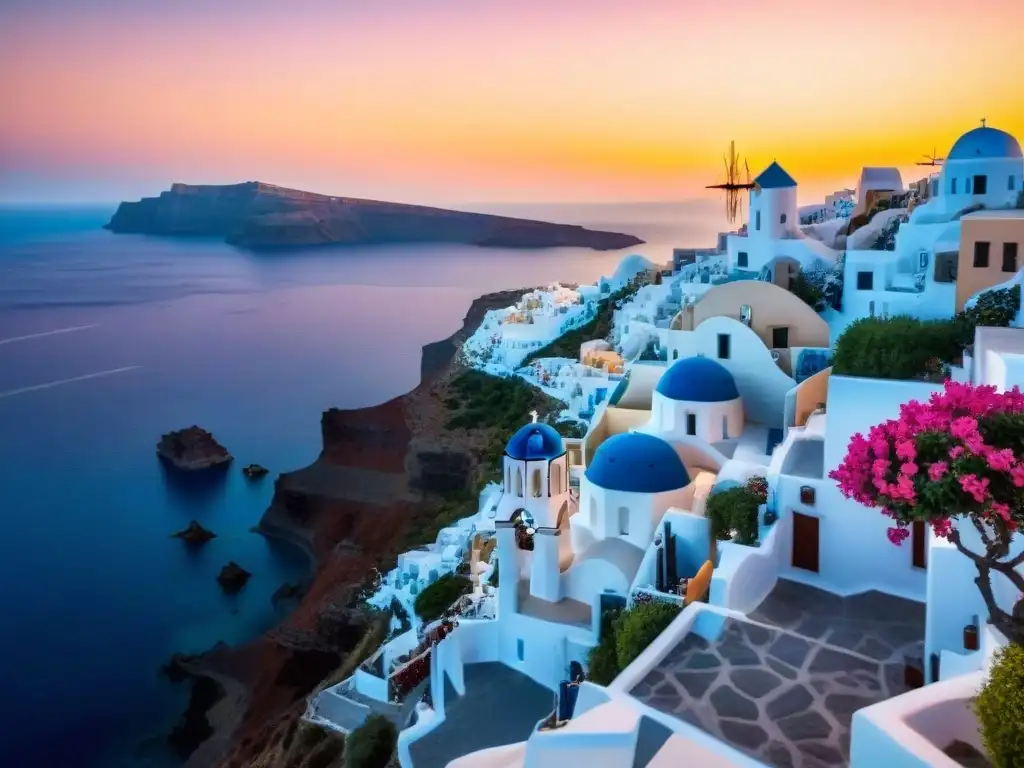 Un atardecer sereno en Santorini con yoga y flores, ideal para retiros espirituales en Islas Griegas