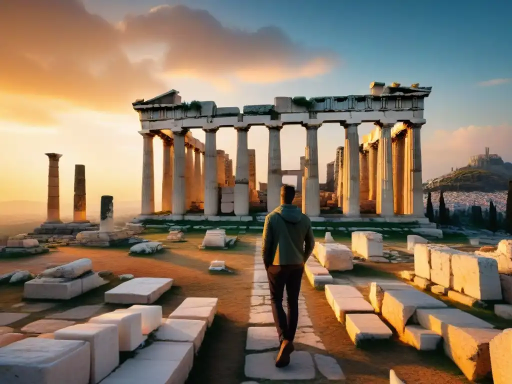 Un atardecer vibrante en Atenas, con el majestuoso Partenón iluminado por el sol