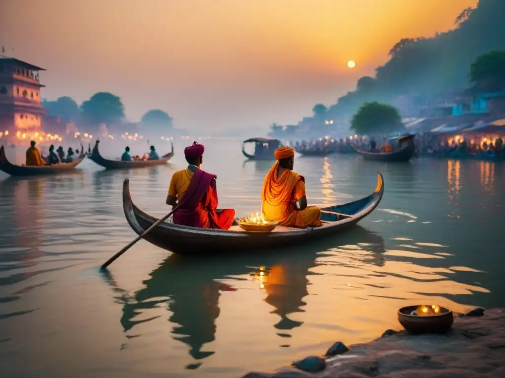 Un atardecer vibrante sobre el sagrado río Ganges en India, reflejando el cielo en aguas serenas con rituales religiosos