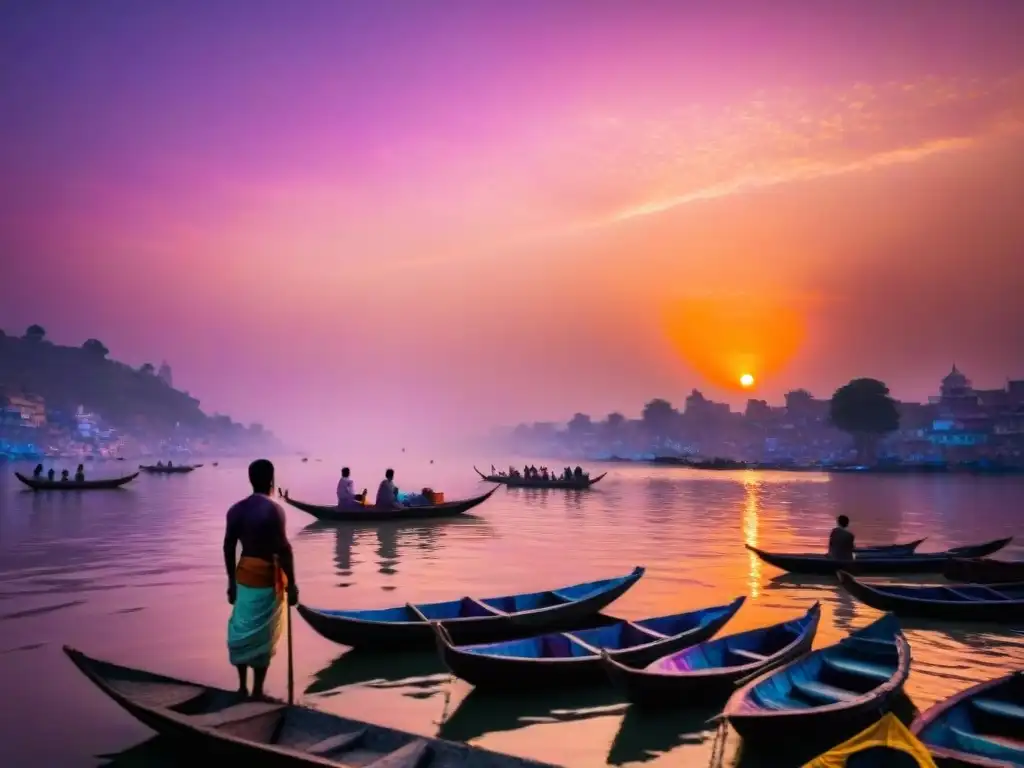 Atardecer vibrante sobre el río Ganges en Varanasi, India