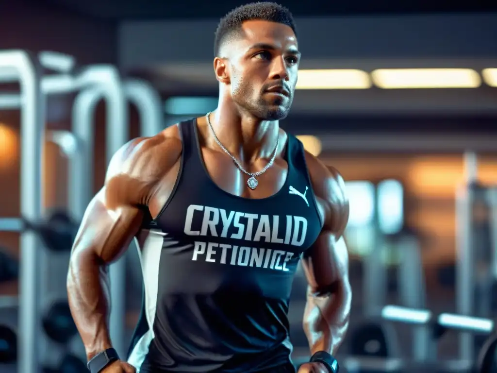 Un atleta profesional concentrado en su entrenamiento, luciendo un collar y pulsera de cristal, en un gimnasio moderno