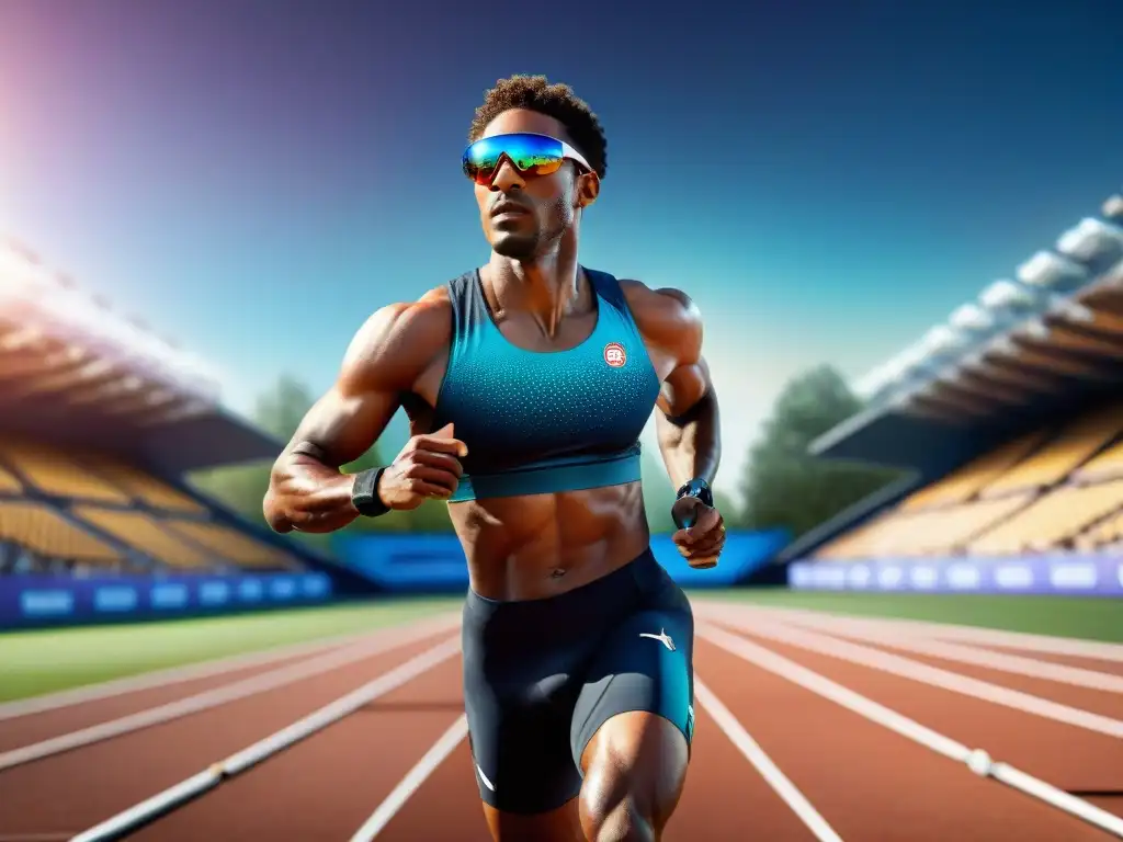 Un atleta profesional usando gafas deportivas futuristas con cristales brillantes, en una pista iluminada por el sol