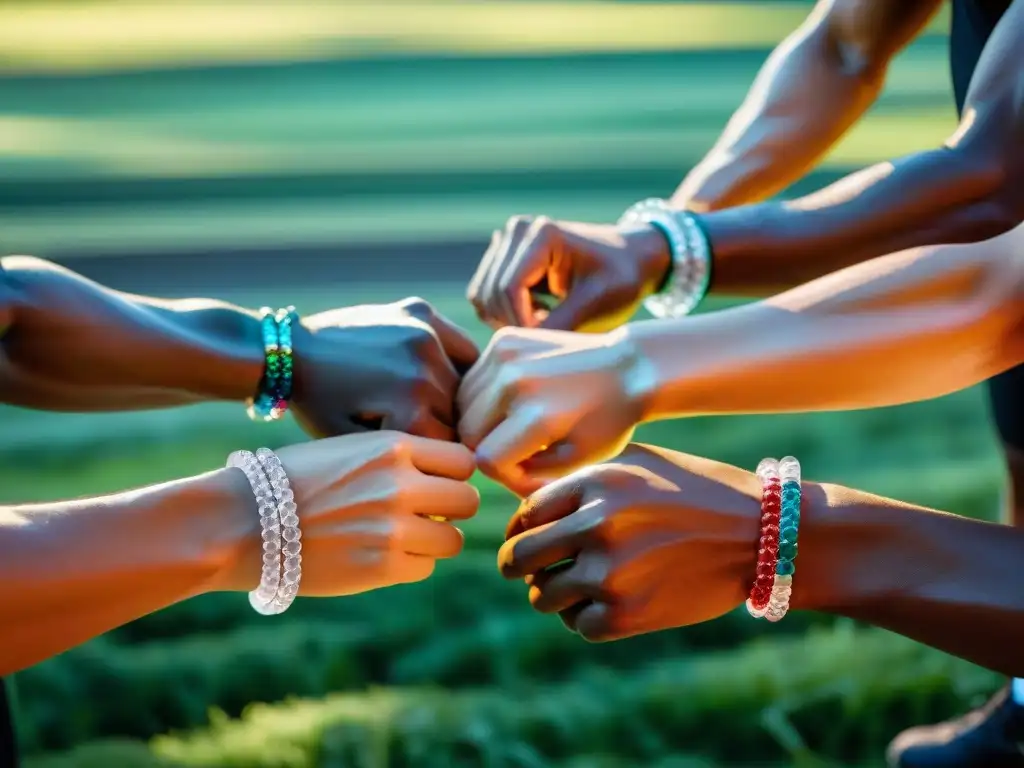 Atletas concentrados en sesión de entrenamiento con pulseras de cristales de colores