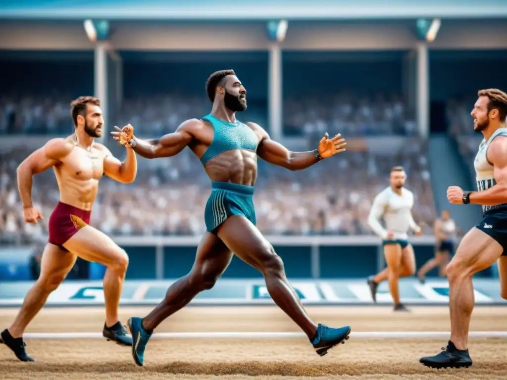 Atletas griegos antiguos compitiendo con cristales, mostrando beneficios de los cristales deportivos