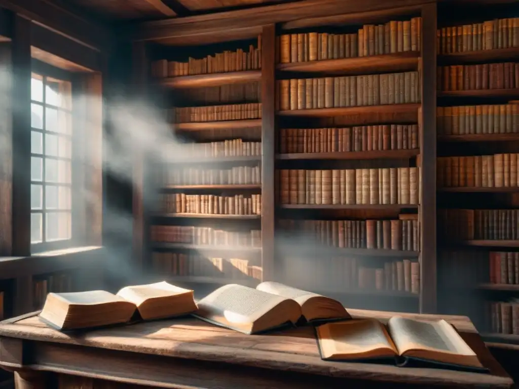 Atmósfera de misterio en una antigua biblioteca eslava, con libros en cirílico y artefactos antiguos