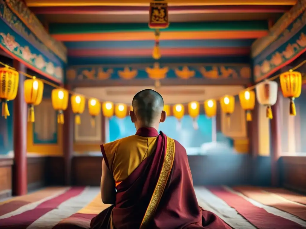 Atmósfera de paz y espiritualidad en un templo tibetano con tesoros budistas en decoración tibetana